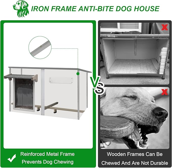 Large Dog House Outdoor Weatherproof XL Dog House Wooden with Adjustable Vent Window, Chew-Proof Iron Frame, Removable Floor, Easy Assembly for Medium to Large Dogs(55" L x 33" W x 35" H)