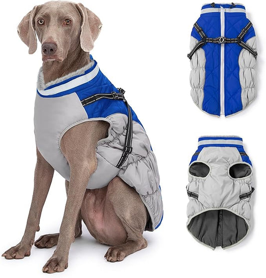 Dog Winter Coat with Harness, Dog Jacket, Pet Clothes with Zipper on Back, Waterproof Windproof Warm Vest, Reflective Cold Weather Coats, for Small Medium Large Dogs, Thick, Blue, 2XL