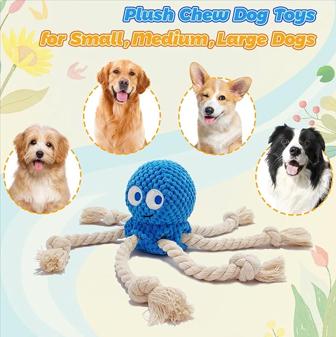 4-Pack Squeaky Dog Toys Set Sea Crinkle Plush Toy Rope Toys for Dogs Tug of War Toy & Oral Care Puppy Toys for Small Medium Large Dogs to Keep Them Busy: Stuffed Octopus, Crab,Seahorse,Turtle Pet Toys
