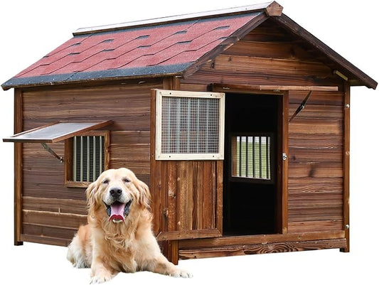 Large Pine Wood Dog House Outdoor with Removable Elevated Floor,Lockable Door,Adjust Windows,Easy to Clean,Safe Dog Kennel Outdoor for Large Breed