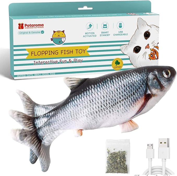 Potaroma Cat Toys Flopping Fish with Catnip, Moving Kitten Kicker, Floppy Wiggle Carp for Small Dogs, Interactive Motion Kitty Exercise, 10.5 Inches