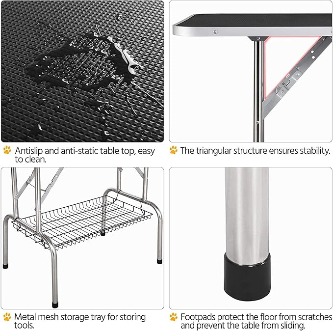 46" Dog Grooming Table Foldable Pet Grooming Tables with Adjustable Arm Noose Storage Mesh Tray Maximum Capacity Up to 330lbs Black