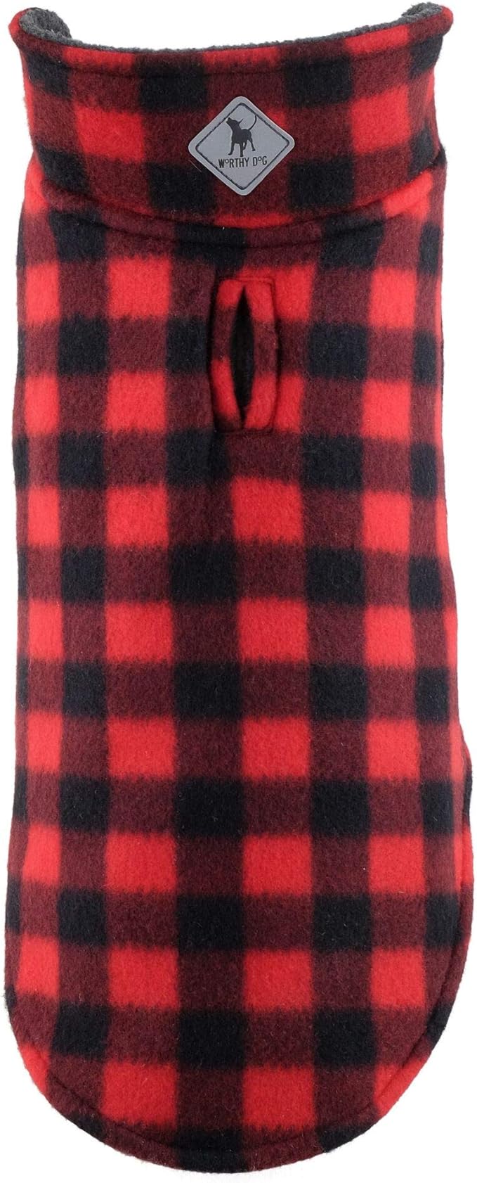 The Worthy Dog Fargo Fleece Buffalo Dog Jacket, Adjustable Reversible with Harness Hole, Wind-Resistant, Winter Outdoor Clothes for Pets, Red - 18''