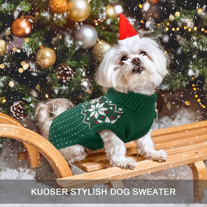 Kuoser Dog Sweater, Holiday Christmas Snowflake Pet Warm Knitwear Dog Sweaters Soft Puppy Clothing, Doggie Turtleneck Cold Weather Outfit Pullover for Small Medium Large Dogs Cats, Green M