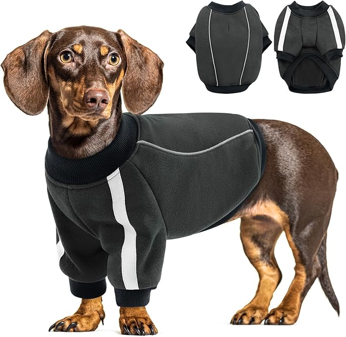 Queenmore Fleece Dog Sweater for Male Dogs, Soft Pullover Dog Sweatshirt with Leash Hole/Reflective Stripes – Cozy Winter Fleece Jacket for Small Medium Large Boy Puppy, Grey L
