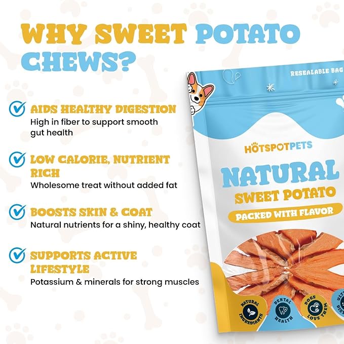 hotspot pets Dehydrated Sweet Potato Dog Treats (2 Pound Bag)- All Natural Rawhide Free, Grain-Free, & High in Fiber- Ideal for Small to Large Dogs - Perfect Dog Chews for Training, or Treat
