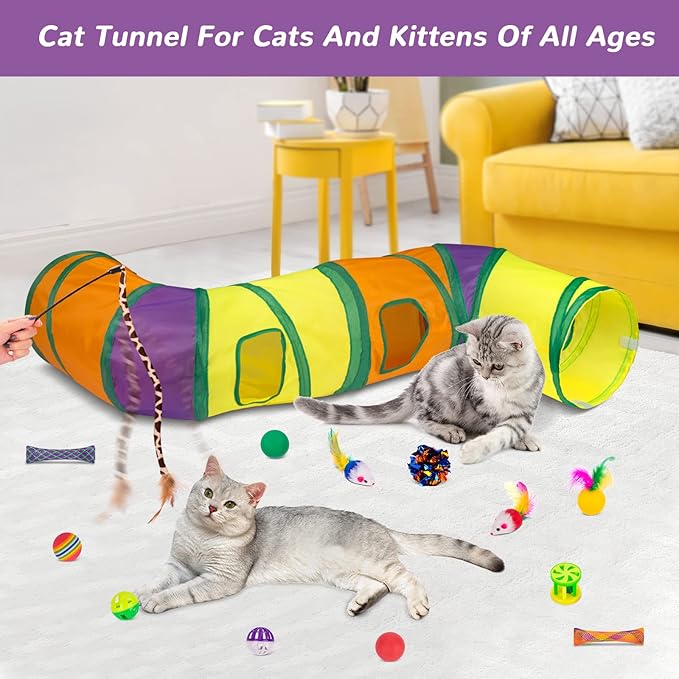 Retro Shaw 33Pack Cat Toys, Cat Tunnels Toy for Indoor Cats Kitten Kitty, Interactive Large Cat Tube Tent Feather Wand Teaser Bell Fuzzy Ball Springs Mouse Pet Set