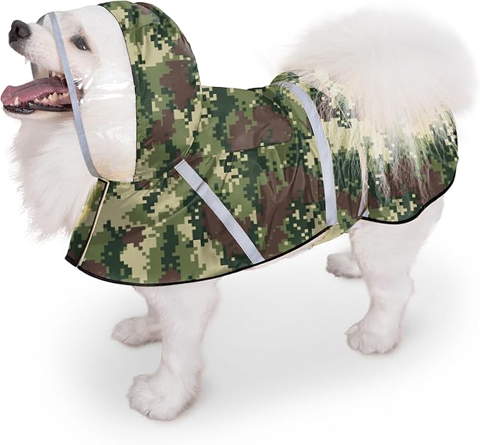 Dog Raincoat, Adjustable Rain Jacket with Hooded Double Layer for Large Medium Small Dogs Puppies, Lightweight Waterproof Rain Coat Poncho with Reflective Stripe Mosaic Camouflage Green,S