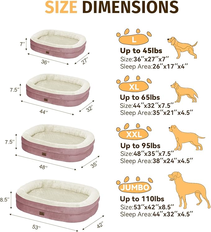 Orthopedic Waterproof Large Dog Bed: Memory Foam Washable Dog Bed with Bolsters - XL Removable Washable Cover for Medium Large Sized Pet - Non-Slip Bottom - Pink