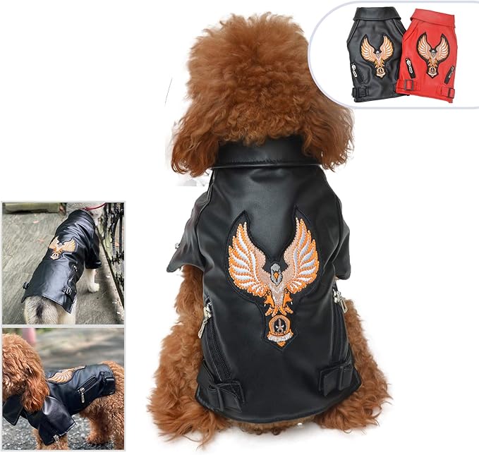 Lovelonglong Cool Dog Leather Jacket, Warm Coats Dogs Windproof Cold Weather Coats for Large Medium Small Dogs with Eagle Embroidery Black XS