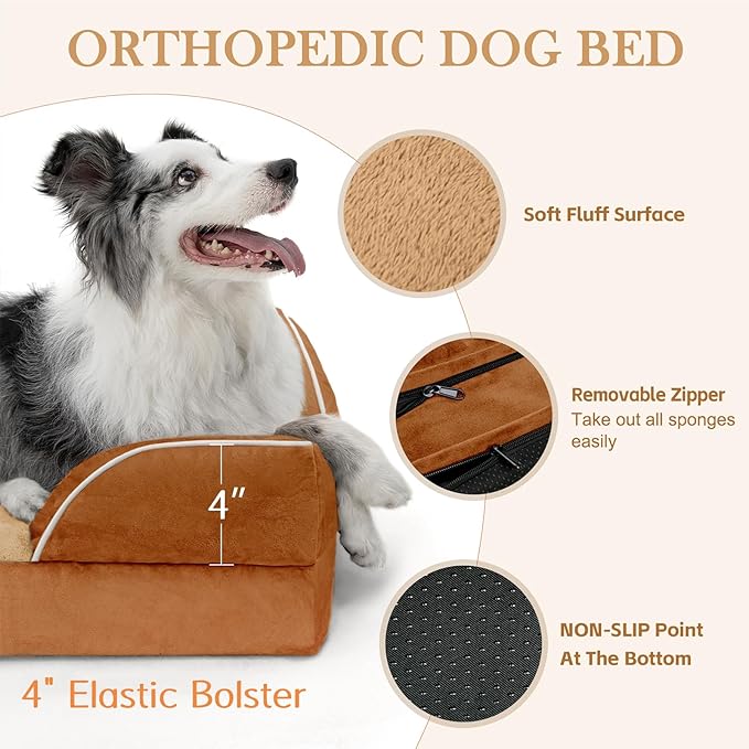 Comfort Expression Orthopedic Dog Bed for Large Dogs 38x25 Inch, Waterproof Supportive Egg Crate Foam Large Pet Bed with Removable Bolsters, Dog Couch with Washable Cover & Non-Slip Bottom, Orange