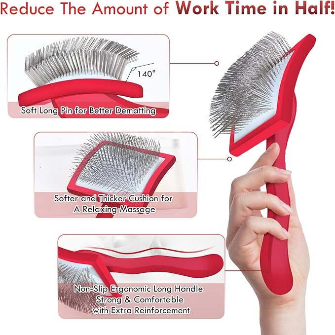 Dog Slicker Brush for Medium or Long Haired Dogs, Removes Loose Hair, Tangles and Knots, Best Grooming Brush for Small Animals, Free Pet Comb, Red