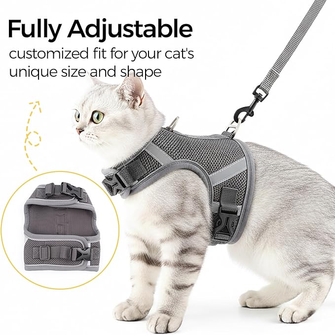 Cat Harness and Leash Escape Proof Kitten Harness Cat Leash for Walking Travel Service Cat Vest, Grey, Small