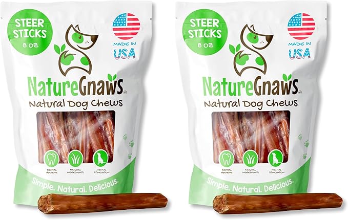 Nature Gnaws USA Steer Sticks for Dogs 5-7" (8oz) - Mixed Thickness - Long Lasting for Aggressive Chewers and Large Dogs - Natural Beef Bully Dog Chew Bones (Pack of 2)
