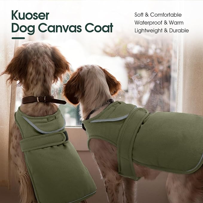 Kuoser Canvas Dog Coat, Warm Dog Jacket Reflective Fleece Pet Cold Weather Coat, Warm Doggie Clothes Waterproof Winter Vest with Zipper Leash Hole for Small Medium Large Dogs, Army Green S