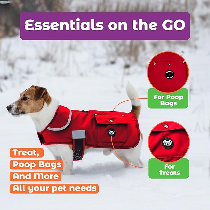 Joyride Harness FrostFlex Dog Winter Jacket - Fleece Lined & Water-Resistant - Snowsuit with Pockets for Treats & Poop Bags - Durable Cold Weather Dog Coat - Red Rush-XL