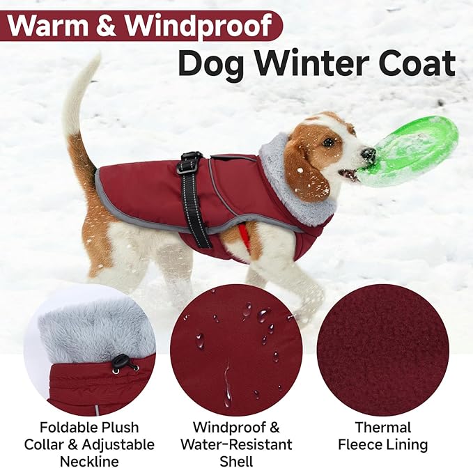 Lelepet Warm Dog Winter Coat Reflective Dog Jacket Fleece Vest Waterproof Windproof Cold Weather Coats with Adjustable Buckle Plush Turtleneck Pet Snowsuit for Small Medium Large Dogs,Bichon,M