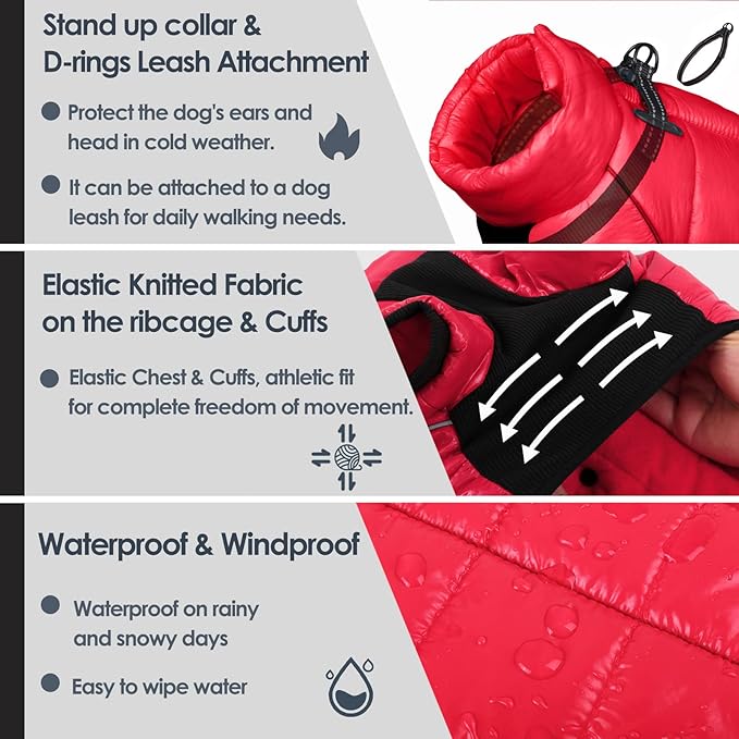 AOFITEE Dog Coat, Waterproof Dog Jacket for Winter, Warm Fullbody Dogs Snowsuit, Winter Coat for Small Dogs, Zip Up Pet Puffer Jacket Fleece Vest, Outdoor Reflective Pet Coats, Christmas Red, S