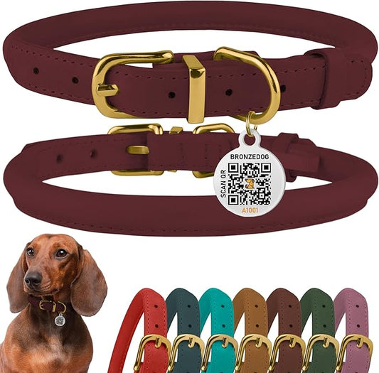 BronzeDog Rolled Leather Dog Collar with QR ID Tag, Adjustable Soft Round Collars for Small Medium Large Dogs Puppy (16" - 19" Neck Size, Burgundy)