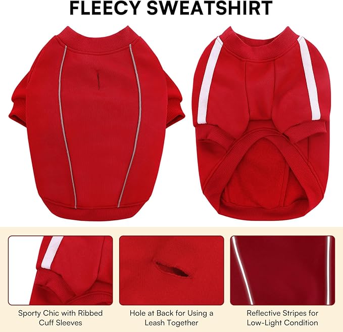 Queenmore XXXL Christmas Dog Sweater, Cozy Fleece Dog Sweatshirt, Warm Winter Fleece Jacket for Small, Medium & Large Dogs with Leash Hole/Reflective Stripes Red