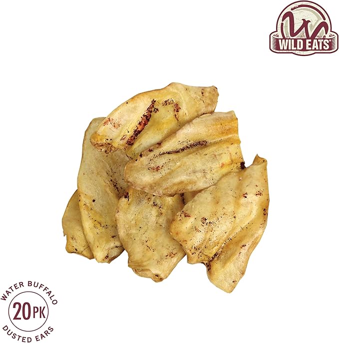 Wild Eats Water Buffalo All Natural Dusted Ear Dog Chews, Treats & Dog Snacks - 20 Piece Value Pack (Grain Free Treats - Great Alternative to Pig Ears, Cow Ears, Bones & Rawhides for Dogs)