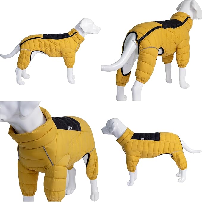 Lovelonglong Dog Coat, Warm Jacket, 4 Legs Covered Waterproof Windproof Reflective Vest, Zippered Adjustable Outdoor Snow Jacket for Small Medium Large Dogs, Yellow, M