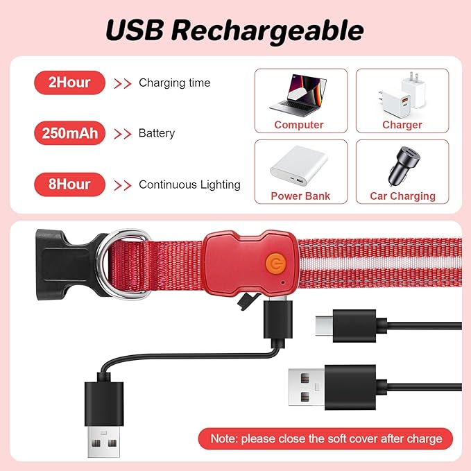 PcEoTllar Light Up Dog Collars, Led Dog Collar, Rechargeable, Night Walking, Waterproof, Glow in The Dark Dog Collars Light for Large Small Medium Dogs, Red m