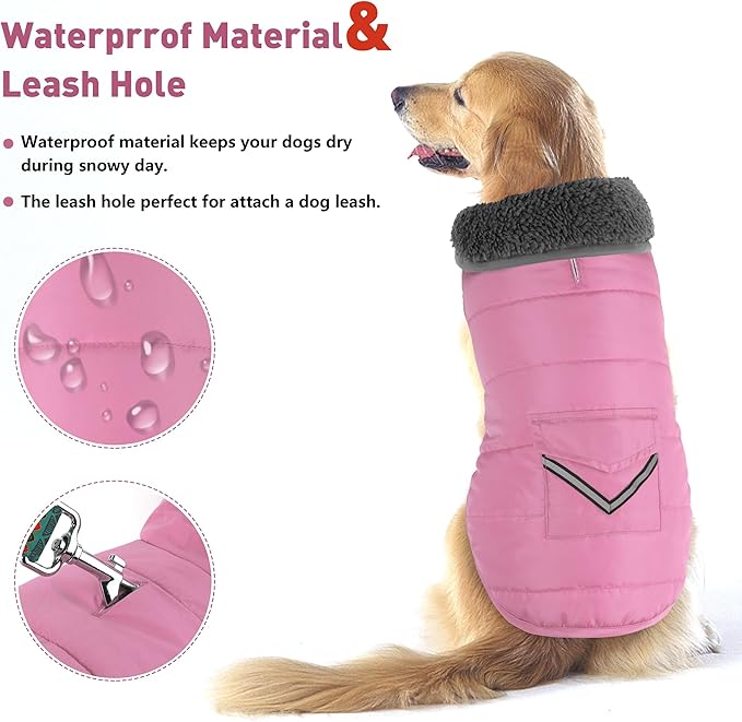 Dog Coat, Waterproof Dog Winter Jacket with Pocket, Reflective Adjustable Pet Snow Vest, Warm Cozy Fleece Sweater for Small Medium Extra Large Dogs - Light Pink, M
