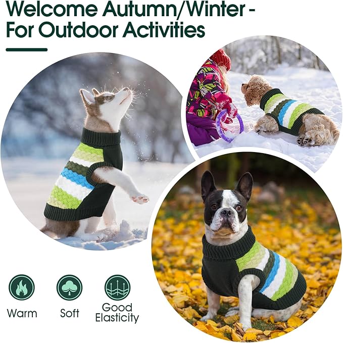 Kuoser Dog Sweater, Warm Dog Sweaters for Small Dogs Pet Christmas Clothing, Classic Cable Knitwear Cold Weather Thermal Pullover for Pug Dachshund Yorkie, Soft Puppy Turtleneck Sweatshirt, Green S