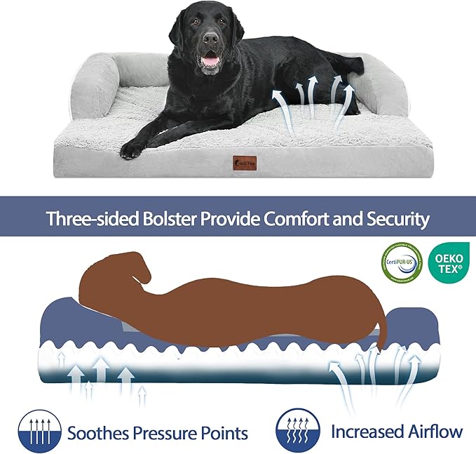Orthopedic Dog Beds for Extra Large Dogs, Waterproof Egg Crate Foam XL Dog Bed with Sides 45 * 35Inch, Big Dogs Couch Beds with Removable Washable Cover and Nonskid Bottom, Grey White