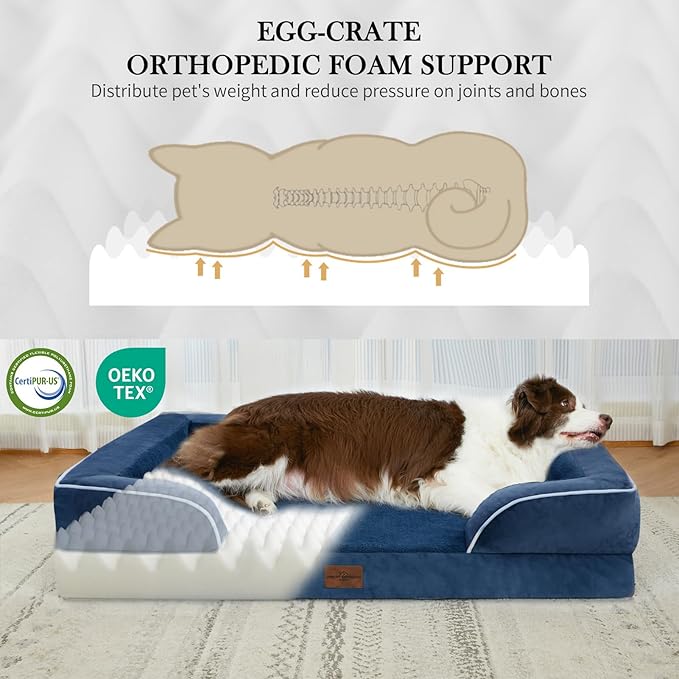 Comfort Expression Orthopedic Dog Bed for Small Dogs 20x14 Inch, Waterproof Supportive Egg Crate Foam Small Pet Bed with Removable Bolsters, Dog Couch with Washable Cover & Non-Slip Bottom, Navy Blue