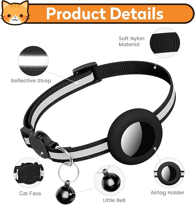 2 Pack Airtag Cat Collar with Bell, Reflective Nylon Kitten Collar with Apple Air Tag Holder and Breakaway Safety Buckle for Puppy Girl Boy Cats, 3/8" in Width and Lightweight, Black/Pink