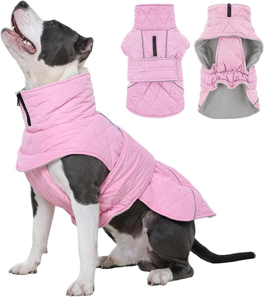 Kuoser Dog Coat, Extra Warm Dog Jacket Windproof Dogs Cold Weather Coats for Large Dogs, Fleece Lining Turtleneck Puppy Snowsuit Reflective Adjustable Pet Winter Clothes Christmas, Pink L