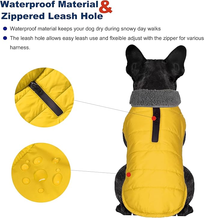 Dog Winter Coat, Waterproof Dog Jacket with Leash Hole, Reflective Adjustable Pet Snow Vest, Warm Fleece Sweater for Small Medium Large Dogs - Yellow, XL