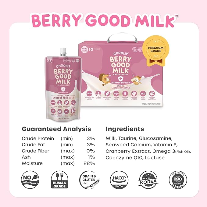 Choolip Berry Good Milk – 10-Pack Lactose-Free Vitamin Milk for Cats & Dogs | Vet-Formulated Pet Drink Supporting Urinary, Joint & Digestive Health | Grain-Free, Ready to Serve