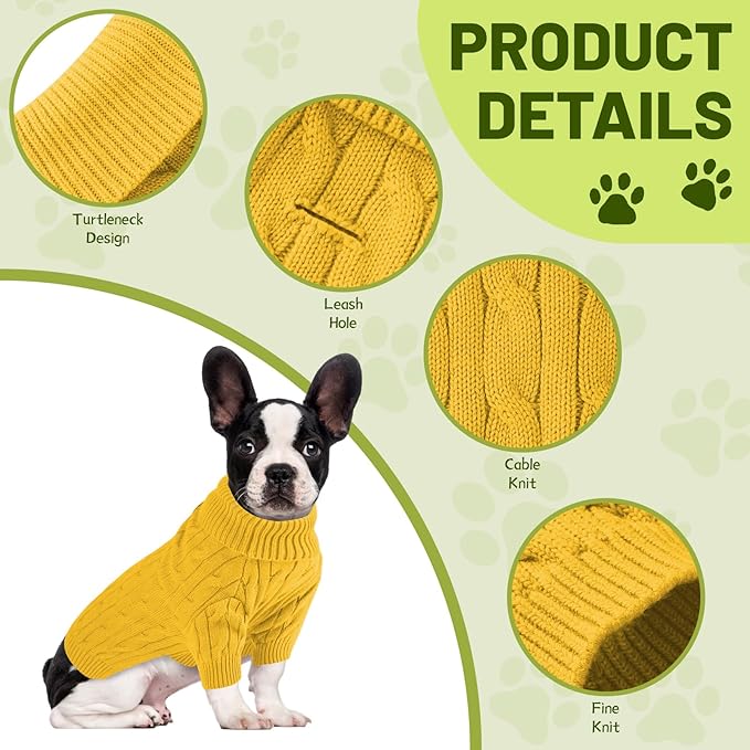 Small Dog Thermal Pullover Sweater, Classic Turtleneck Cable Knitwear Dog Clothes for Cold Weather Warm Pet Clothes for Chihuahua, Bulldog, Dachshund, Pug Yellow Large
