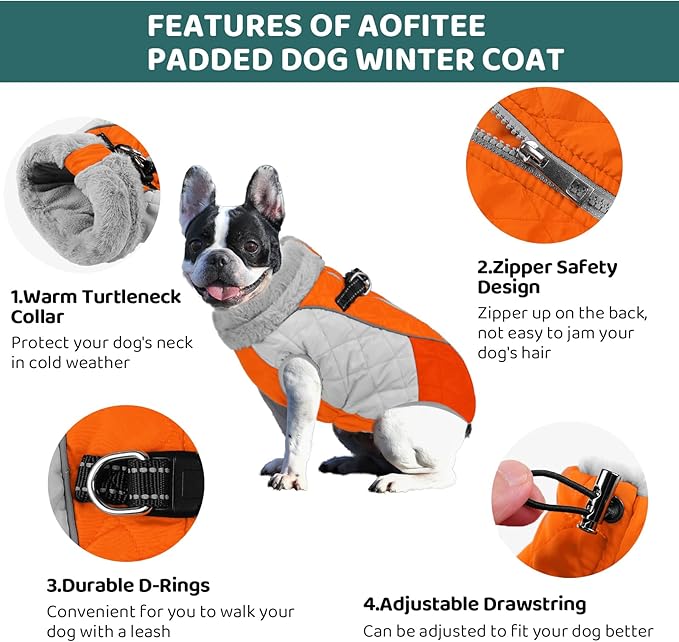 AOFITEE Dog Coat, Dog Winter Coat, Reflective Small Dogs Jacket with Harness Built in and Fleece Lined, Waterproof Pet Winter Jacket Warm Snowsuit for Small Medium Large Dogs, Orange M