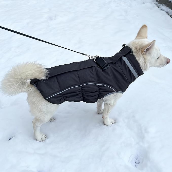 Malier Dog Coat, Reflective Dog Jacket Waterproof Windproof Puppy Cold Weather Coats with Harness Built in, Winter Extra Warm Pet Coat Fleece Vest for Small Large Pets and Puppy (Black, XX-Large)
