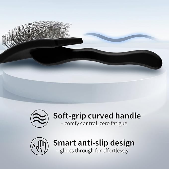 Pet Slicker Brush for Long & Short Hair - Detangling Tool for Dogs & Cats - 135° Angled Stainless Steel Pins, Curved Handle - Gentle Grooming for Small/Medium/Large Breeds (Black)