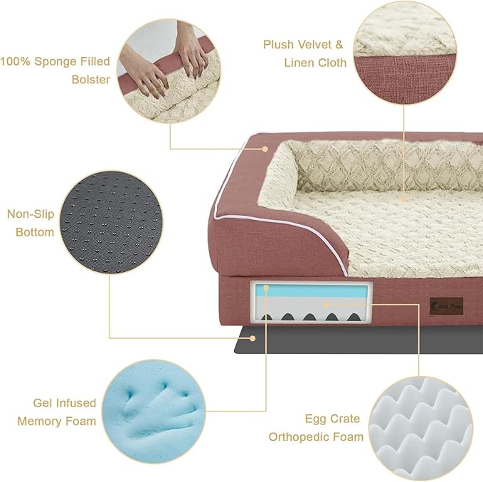 Orthopedic Dog Beds for Large Sized Dogs, Waterproof Memory Foam Large Pet Bed with Sides 36x27Inch, Non-Slip and Egg-Crate Foam Big Dog Couch Bed with Removable Washable Cover, Pink