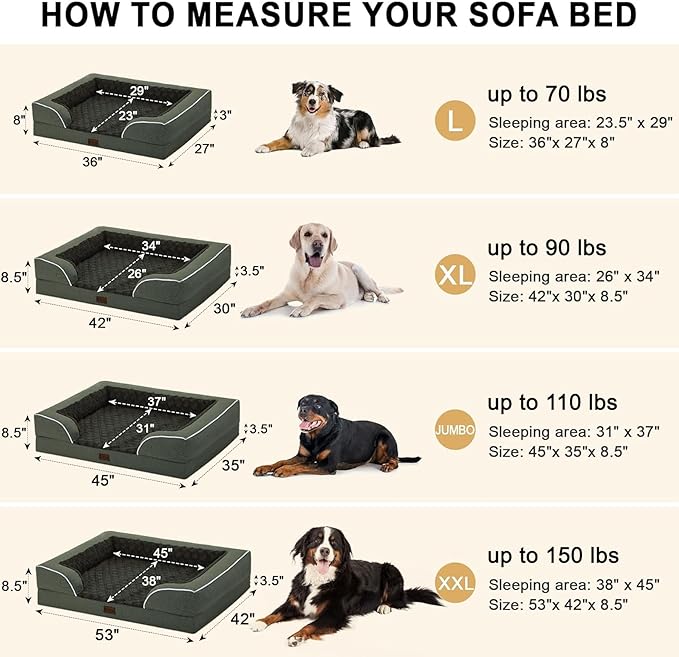 Orthopedic XXL Dog Beds, Waterproof Memory Foam Big Pet Bed for Extra Large Sized Dogs 53x42Inch, Non-Slip Bottom and Egg-Crate Foam Dog Couch Bed with Washable Removable Cover, Dark Green