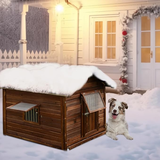 Large Dog House Outdoor Pine Wood Dog House with Weatherproof Asphalt Roof,Removable Floor,Lockable Door,Adjust Windows,Easy to Clean,Warm Insulated Dog Kennel for Large Breed Size Outside Use