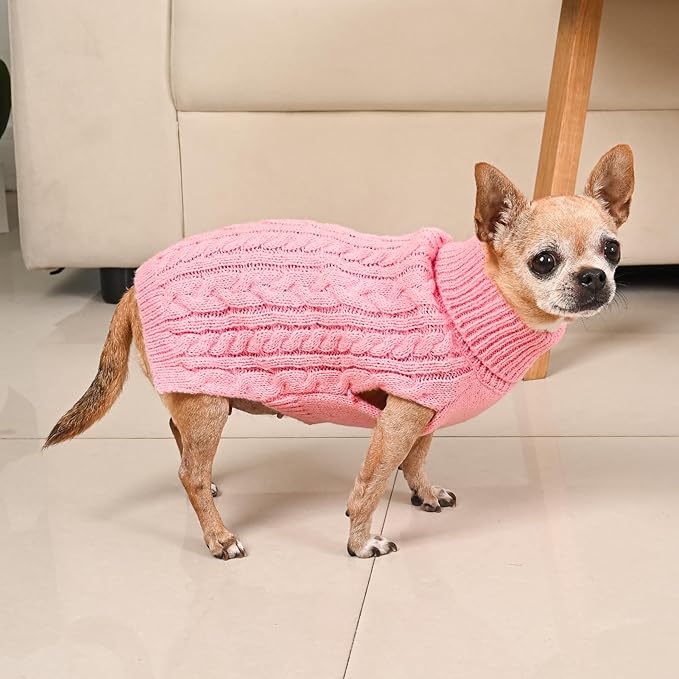 2 Pack Dog Sweaters for Small Dogs Turtleneck Pullover Cable Knit Puppy Stretch Clothes Chihuahua Yorkie Pomeranian Toy Poodle Boy Girl Pets Winter Doggie Clothes (XS, Pink & Purple)