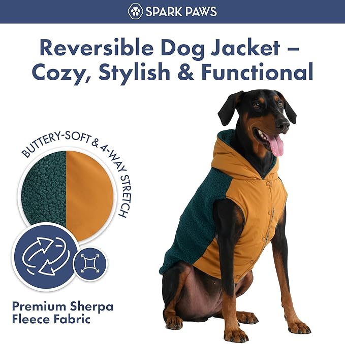 Spark Paws Reversible Dog Sweater, Sherpa Vest with Warm Fleece Lining, Warm Coat for Winter, Suitable for Small Medium, Large, XL XXL Dogs - Orange and Green - L