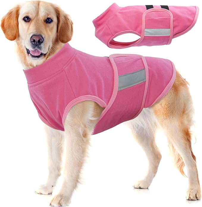 IDOMIK Warm Fleece Dog Sweater for Large Dogs,Soft Winter Dog Fleece Jacket Coat for Fall Cold Weather,Adjustable Fleeced Vest with Reflective Strips,Pullover Pet Sweatshirt for Girl Boy Dogs,Rose,2XL