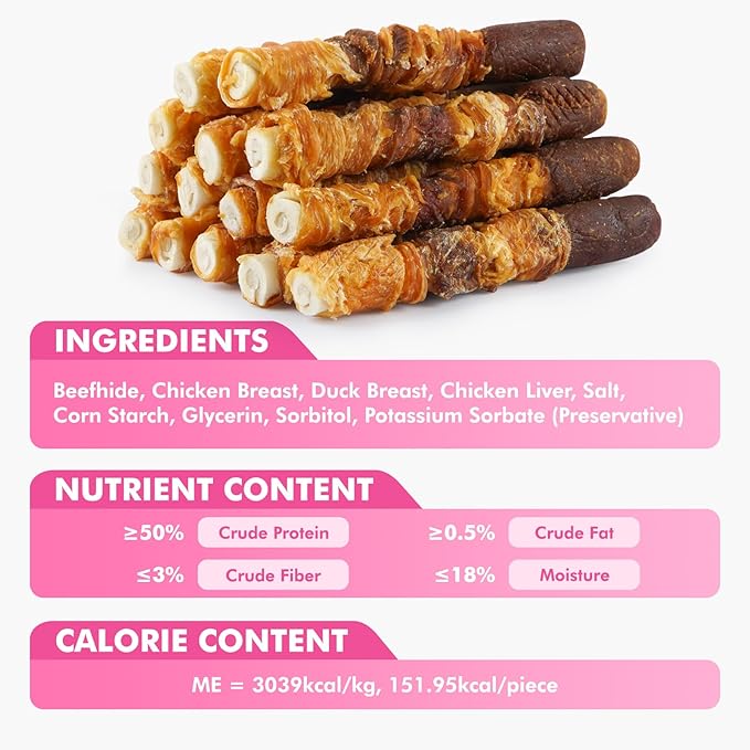 Dog Treats, Triple Flavor 6 Inch Rawhide Rolls, Chicken Duck and Chicken Liver Wrapped Rawhide Dog Chews, Suitable for Medium Dogs, 35.3 oz