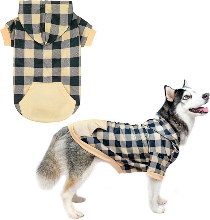 KOOLTAIL Plaid Dog Hoodie Pet Clothes Sweater with Hat and Pocket for Small Medium Large Size Dogs, Soft Winter Warm Dog Cold Weather Coat, Fleece Fall Dog Hooded Sweatshirt for Puppy Cats, Beige L