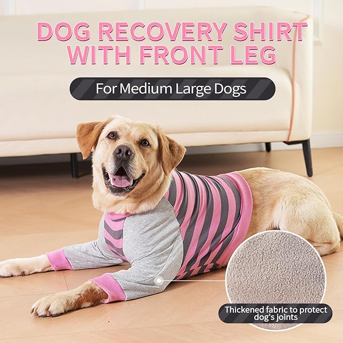 FUAMEY Dog Recovery Sleeve with Elbow Protector,Dogs Shirt Stop Licking Joints,Pet Long Sleeve Suit Protecting Dog's Front Leg Arm Wounds Cover Skin Conditions Pink Stripes S