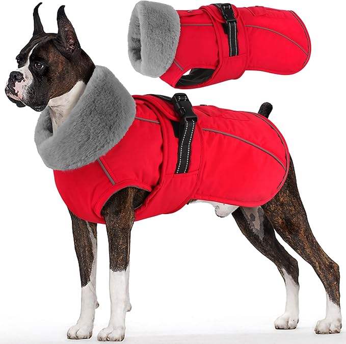 Dogcheer Dog Coat with Pocket, Waterproof Dog Jacket with Adjustable Buckle, Reflective Puppy Winter Coat Warm Turtleneck Fleece SnowJacket for Small Medium Large Dogs - Red 2XL