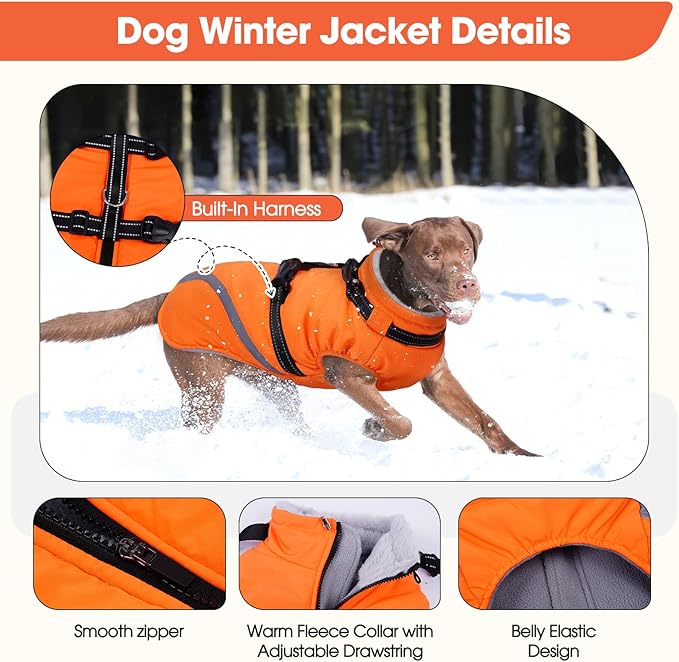 BRKURLEG Dog Winter Jackets for Medium Dogs, Dog Coat with Harness Built in, Dogs Snowsuits with Zipper, Waterproof Windproof Pet Puffer Jacket Fleece Vest for Pug, French Bulldog, Orange M